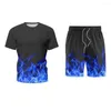 Herrspårar blå låga 3D-tryckning män kläder 2023 sommar mode t-shirt med shorts passar mysig o-hals manlig kort spårdräkt outfit