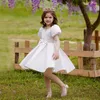 女の子のドレススクープ半袖レースベルトウェディングパーティーキッズエレガントボールガウンサテンの子供服