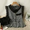 Gilets Femmes Kimotimo Français Rétro Dentelle Épissé Tweed Gilet Femmes Ceinture À Volants Taille Courte Sans Manches Y2k Tops Automne Hiver Slim Manteau De Mode 230923