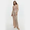 Runway Dresses 2023 Luxury Sequin Sexy Celebrity Jumpsuit Formal Party Ladies Rompers Sleeveless Halter Backless Fitted Cocktail One Pieces