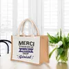 Shopping Bags Thank You Mistress Print Jute with Handles Bag Large Capacity Tote for Diy Beach Wedding Teacher Day Gift 230923