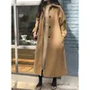 Kvinnors ullblandningar Elegant Midi Coat Korean Solid Quilted Jacket Winter Vintage Tjocken överdimensionerad lång bandage outwear topp 230923