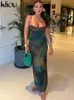 Basic Casual Dresses kliou Summer Women Vintage Tie Dye Print Maxi Dress Sexy Cleavage Body shaping Elegant Spaghetti Strap Robe Female Party Vestido 230923