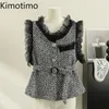 Gilets Femmes Kimotimo Français Rétro Dentelle Épissé Tweed Gilet Femmes Ceinture À Volants Taille Courte Sans Manches Y2k Tops Automne Hiver Slim Manteau De Mode 230923