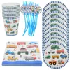 Vaisselle jetable 50pcs Construction Fournitures de fête d'anniversaire pour enfants Le paquet comprend des assiettes à dessert, des serviettes, une décoration de gâteau pour les garçons