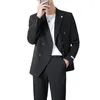 Costumes pour hommes Blazers 2023 (veste pantalon) noir Style coréen coupe ajustée Double boutonnage décontracté costume ample couleur unie