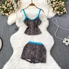 Women's Tracksuits Fashion Sexy Spicy Girl Lace Splice Leopard Print Strap Tank Top Two Piece High Waist Wide Leg Shorts Set For Women