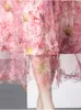 Podstawowe sukienki swobodne 2024 Nowa moda elegancka sukienka na pasie startowe Kobiety wiosna jesienna Pałameczki francuskie różowe druk wakacyjne szczupłe sukienki