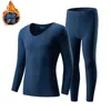 Men's Thermal Underwear Keep Warm Winter Set Men Two-sided Fleece Thicken Long Johns Tops Solid Color Traceless V-neck Clothing