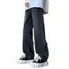 Męskie dżinsy zamek błyskawiczne Vintage szeroka noga z wystrojem solidne kieszenie kolorowe styl streetwear miękkie spodnie kolofastowe