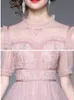 Basic Casual 2024 A Line New Fashion Designer Runway Summer Pink Mesh Dress Women's Puff Sleeve Ruffles Vacation Elegant Long Dresses Vestidos