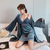 Women's Sleepwear Sexy Lace Velour Robe Suit Intimate Lingerie Female Sleep Set Novelty Hollow Out Kimono Bathrobe Gown Homewear