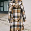 Mélanges de laine pour femmes Hiver femmes mélanges décontracté à manches longues Cardigan avec ceinture mode Plaid ouvert avant laine à capuche manteau poches Streetwear Y2k 230923