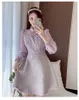 Grundlegende Freizeitkleider 2024 Mesh Patchwork Spitze bestickt Sexy Kleider für Frauen Stehkragen Langarm hohe Taille Tweed Wollkleid weiblich