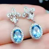 Baumeln Kronleuchter Mode Chic Blau Kristall Aquamarin Topas Edelsteine Diamanten Tropfen Ohrringe Für Frauen Mädchen Weiß Gold Silber C317d