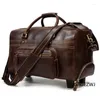 Malas 22 polegadas de couro genuíno bagagem puxar rod saco masculino retro bolsa de couro viagem de negócios high-end mala
