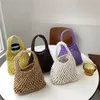Bolsas de compras Bolso de punto trenzado de paja Mujeres Hollow Out Tote Bag Moda Crochet PU Muñeca inferior Monederos femeninos Cubo 230923