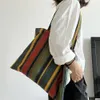 Shopping Bags Retro Women's Canvas Shoulder Bag Rainbow Striped Linen Eco Large Capacity Handbag Tote for Girls Christmas Gifts 230923