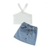 Ensembles de vêtements 3-8Y Fashion Girls Vêtements sans manches côtelés col croisé Camisole avec taille élastique ceinturée mini jupe en jean enfants tenue d'été