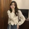 Blouses Femmes Chemises Femmes À Lacets Écolière Cultures Tendre Doux Solide Élégant Causal Femme Automne Slim Ulzzang Col V Étudiant Mujer