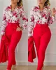 Pantalon de deux pièces pour femmes Chemise à imprimé floral baroque Taille haute Ensemble femmes 2pcs Vêtements Costume à manches longues Chemises à fleurs décontractées Couleur unie