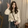 Blouses Femmes Chemises Femmes À Lacets Écolière Cultures Tendre Doux Solide Élégant Causal Femme Automne Slim Ulzzang Col V Étudiant Mujer