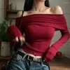 Women's T Shirts Sexy Tops Off Shoulder Long Sleeve Knit Crop Top Autumn/Winter 2023 Spicy Girl Slim Fit Short Red T-shirt