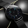 Wristwatches Geneva Black Fashion Watch Men Business Measuring Cool Calendar Steel Mesh Band Quartz Wristwatch Male Clock Relogio Masculino