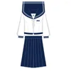 Work Dresses Japanese School Girls JK Uniform Skirts Suit Preppy Style Women Bow Sailor Blouses Pleated Short Skirt Class Navy Costumes