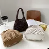 Shopping Bags Straw Plaited Knitted Handbag Women Hollow Out Tote Bag Fashion Crochet PU Bottom Wrist Female Purses Bucket 230923