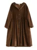 Veste femme mélanges de laine Art Vintage épais velours côtelé Trench femme automne hiver à capuche épissé couleur unie ample droite manteaux décontractés sauvage 230923