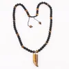 High Quality 24 Inches Design Natural Stone Black Matte Onyx Tiger Eye Beads OX Horn Pendant Necklace For Men Necklaces259R