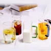 Square Mug, 400ml/14oz, High Borociliate Glass Cup with Color Handle, , Coffee Fruit Milk Water Cup,Summer Fruit Glass, Birthday Party Supplies