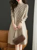 2023 Office Lady Striped Sweaters Dresses Long Sleeve O-Neck Slim Soft Warm Midi Frocks Women Fashion Designer Elegant and Youth Vacation Party Knitted jumper Dress