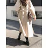 Kvinnors ullblandningar Elegant Midi Coat Korean Solid Quilted Jacket Winter Vintage Tjocken överdimensionerad lång bandage outwear topp 230923