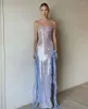 Lässige Kleider Sexy Slim Flower Rüschen Nähte Kleid 2023 Sommer und Herbst Party Formale Damen Spaghetti Strap Trägerlos Split