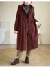 Veste femme mélanges de laine Art Vintage épais velours côtelé Trench femme automne hiver à capuche épissé couleur unie ample droite manteaux décontractés sauvage 230923