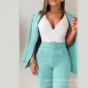 Zweiteilige Damen-Hosen-Set, elegante Outfits, Büro-Damenanzug, Y2K-INS-Kleidung, Umlegekragen, geknöpfter Blazer, Mantel mit Gürtel