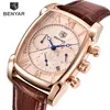 Benyar Luxury True Six-Pin Quartz Watch Classic Rectangle Case Sports Chronograph Men's Watches Rose Gold Erkek Kol Saati235m