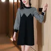 Büro Dame Gestreiften Karierten Pullover Kleid 2023 Herbst Winter Frauen Designer Oansatz Schlanke Blaue Strickpullover Kleider Langarm Weiche Warme Lässige Urlaub Midi Kleider