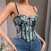 Dames Tanks Dames Bloemenkorset Camis 2023 Sling Bone Patchwork Sexy Zip Up Flower Crop Top Dames High Street Y2k Cincher Bustier