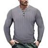 T-shirt da uomo T-shirt a maniche lunghe moda Waffle traspirante Girocollo con bottoni Camicia Henly per uomo Top patchwork a righe vintage autunno