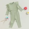 Completi di abbigliamento Bambina bambino Vestiti autunnali Tinta unita Volant Top a maniche lunghe a coste e pantaloni elastici Born Baby 2 pezzi Completo 230923