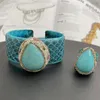 Ensemble collier et boucles d'oreilles, bague et Bracelet transfrontaliers en Europe et en amérique, bijoux en cuir bleu lac, 2023