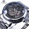 ForSining Steampunk Black Silver Mechanical Watches for Men Silver Rostfritt stål Lysande händer Design Sport Clock Male302G