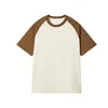Мужские футболки, американская хлопковая футболка с короткими рукавами плотностью 230 г/м2, лоскутная рубашка, свободная футболка с заниженным плечом и круглым вырезом