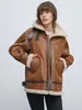 Sherpa Lined Suede Shearling Flight faux cuir fourrure cuir faux cuir cool col montant veste taille femmes manteau en cuir épais femmes vêtements d'hiver en cuir