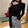 女性用TシャツオフショルダーハンディングネックTシャツスリムフィット長スリーブセクシーなショートホローストリートトップ