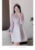 Grundlegende Freizeitkleider 2024 Mesh Patchwork Spitze bestickt Sexy Kleider für Frauen Stehkragen Langarm hohe Taille Tweed Wollkleid weiblich