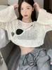 Suéteres femininos outono curto oco out branco camisola pullovers mulheres coreano vintage moda y2k streetwear manga longa top solto malhas 230923